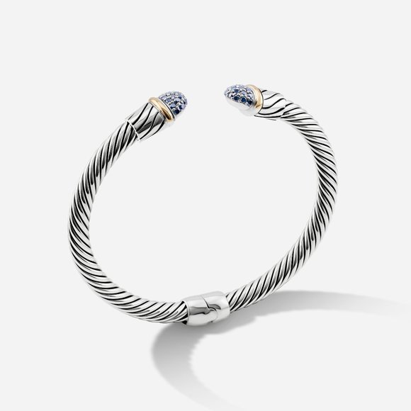 5mm Braided Silver & 18k Gold Cable Bracelet with Blue Diamonds and Middle Clasp - Picture 2 of 5